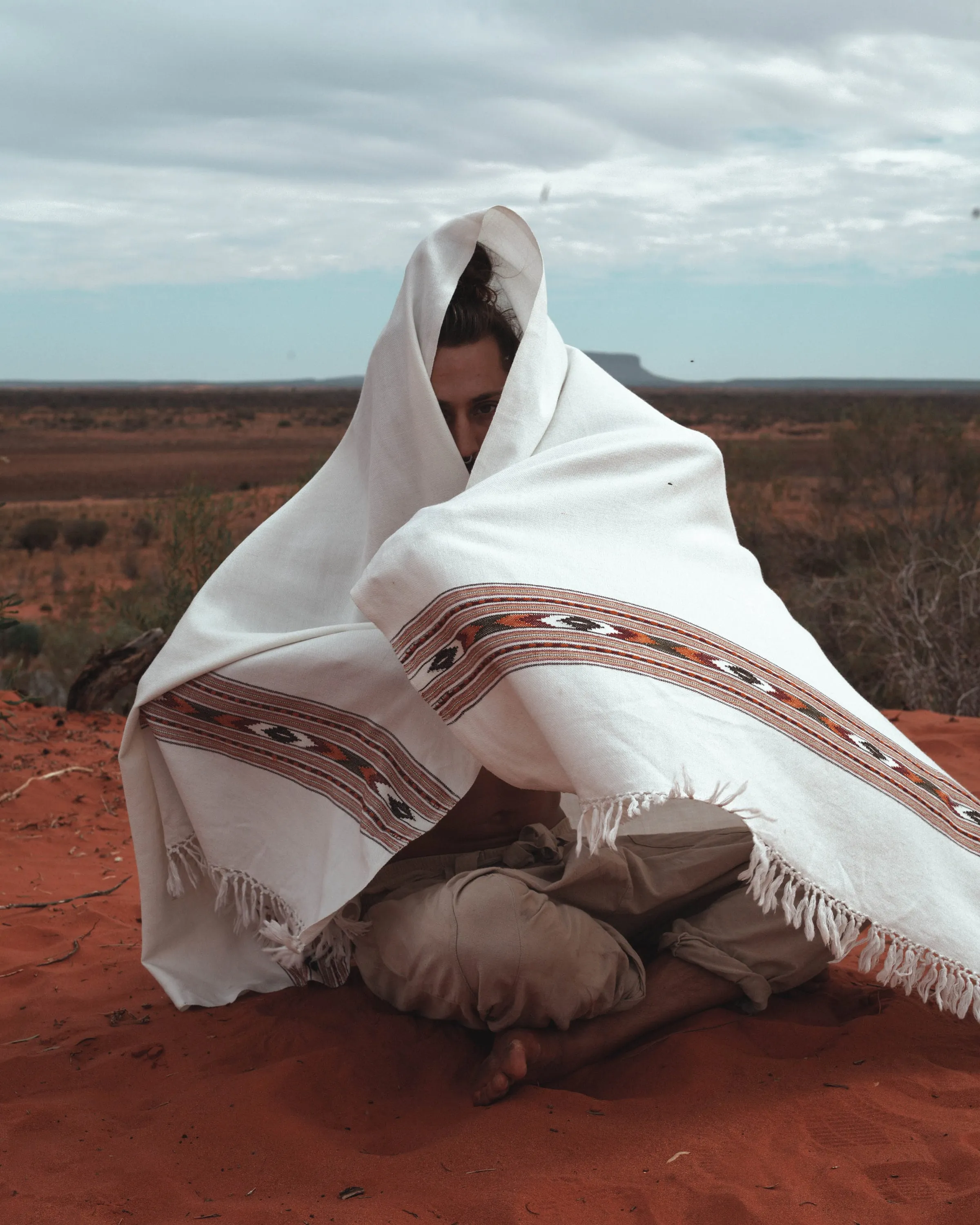 BHAVA Shawl White Handwoven Wool Meditation Prayer Scarf Blanket Premium Pure Cashmere Tibetan Winter Tribal Zen Embroidery Boho AJJAYA