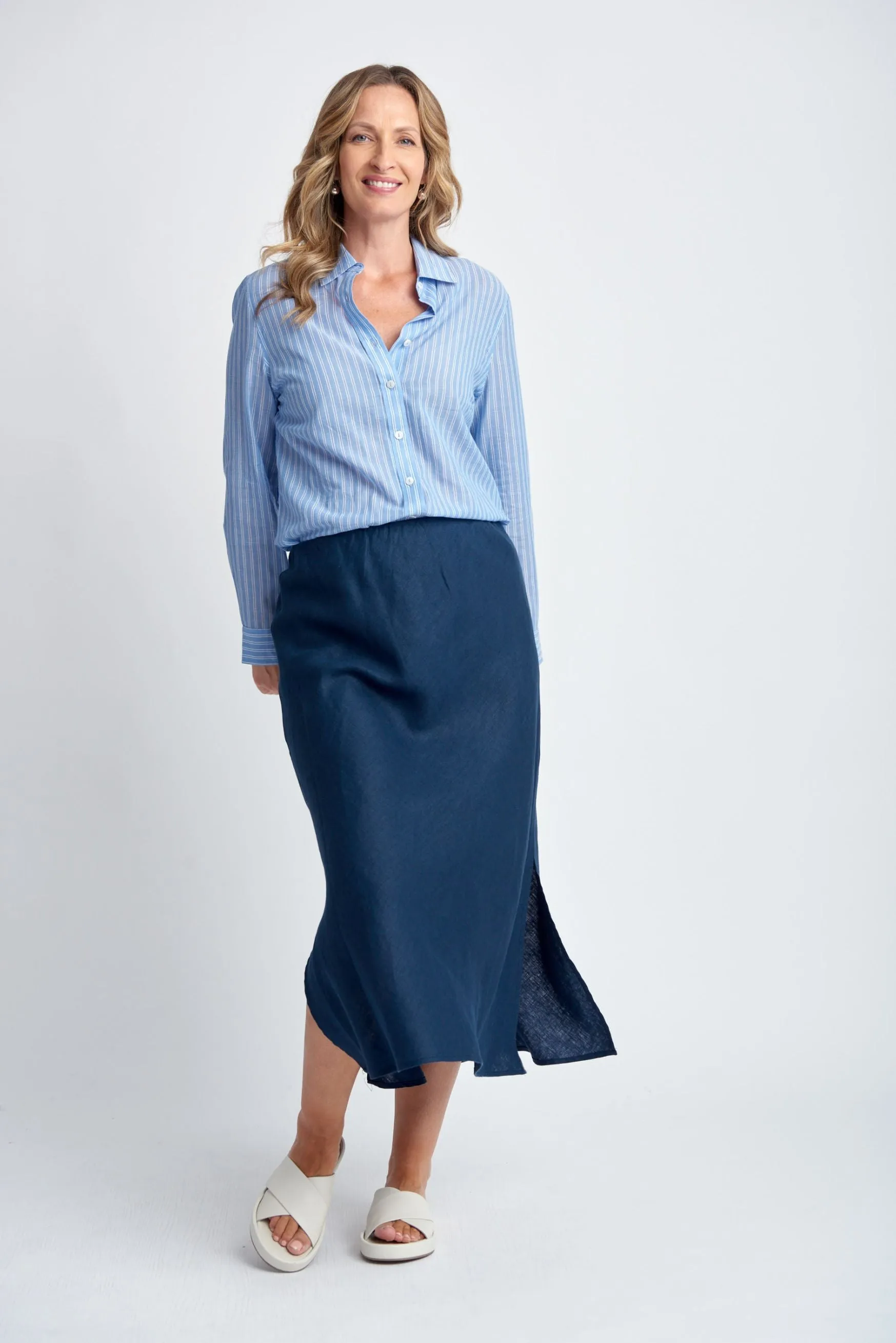 Bias Cut Linen Skirt Navy