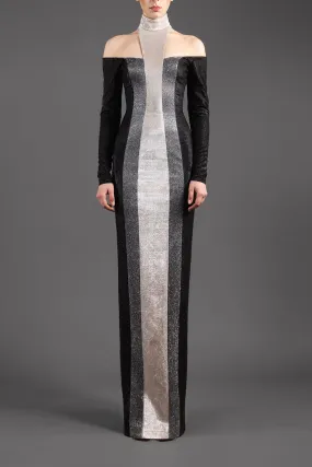 Black and silver shimmery dress with high-neck detail on off-the shoulders neckline