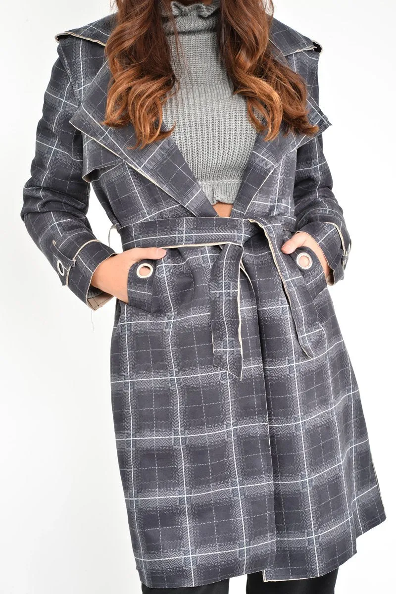 Black Check Faux Suede Eyelet Detail Trench Coat - Safiyya