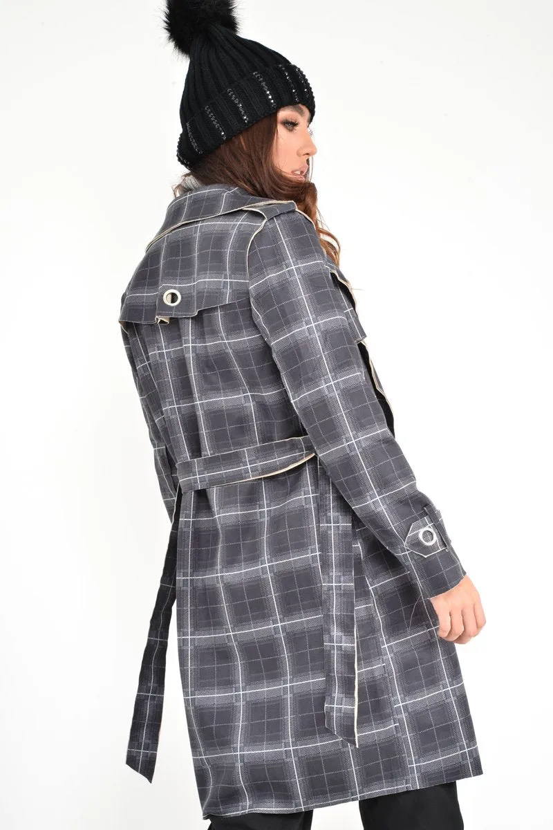 Black Check Faux Suede Eyelet Detail Trench Coat - Safiyya