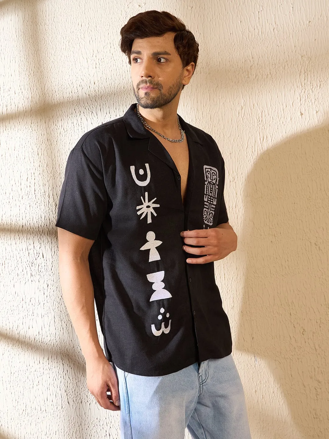 Black Elements Embroidered Cuban Shirt