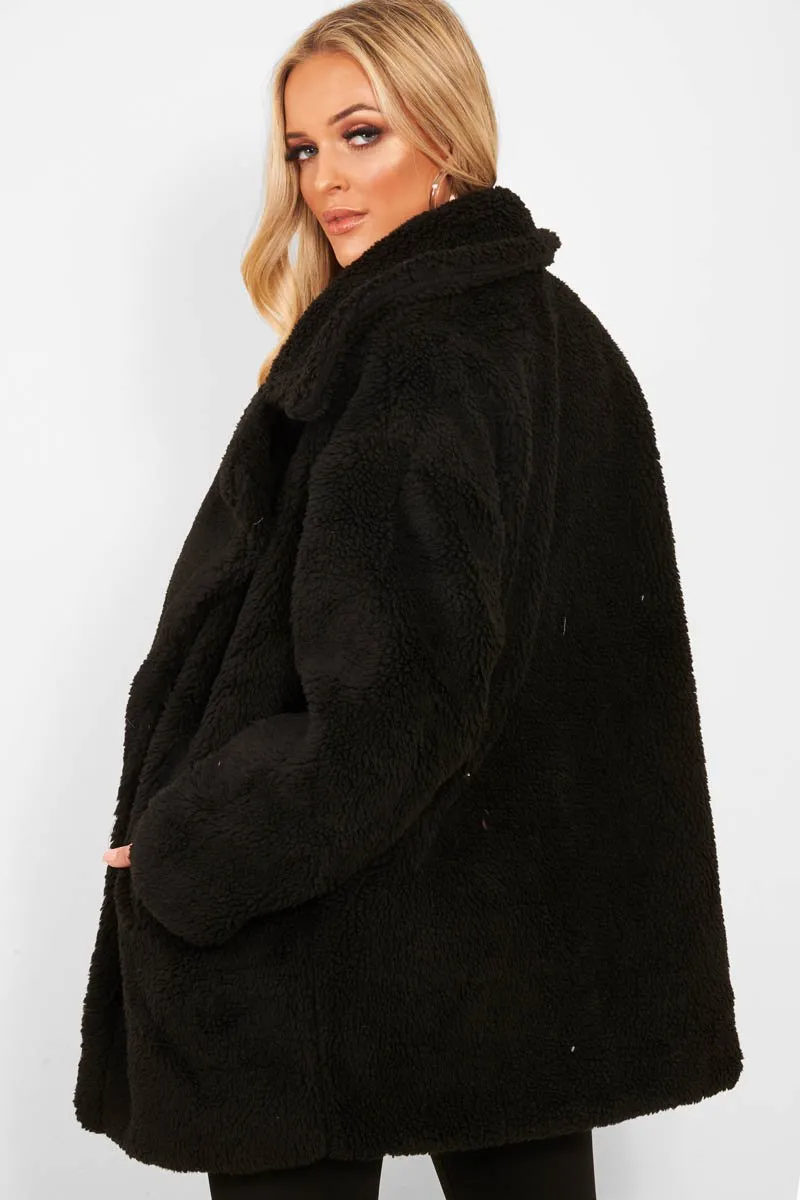 Black Faux Fur Button Front Teddy Coat - Aamna