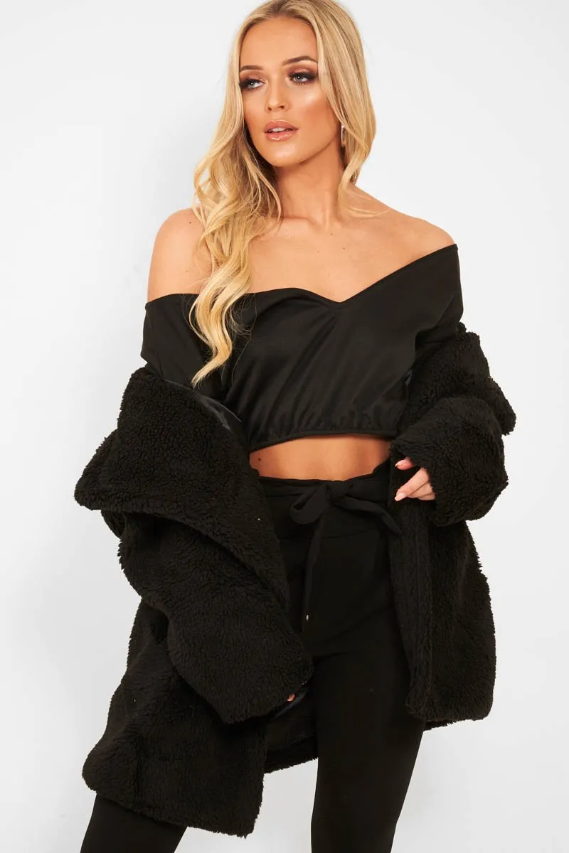 Black Faux Fur Button Front Teddy Coat - Aamna