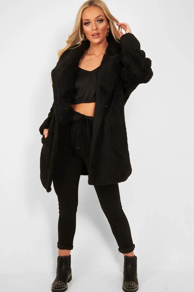 Black Faux Fur Button Front Teddy Coat - Aamna