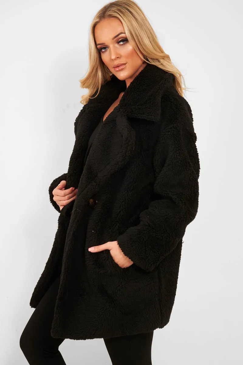 Black Faux Fur Button Front Teddy Coat - Aamna