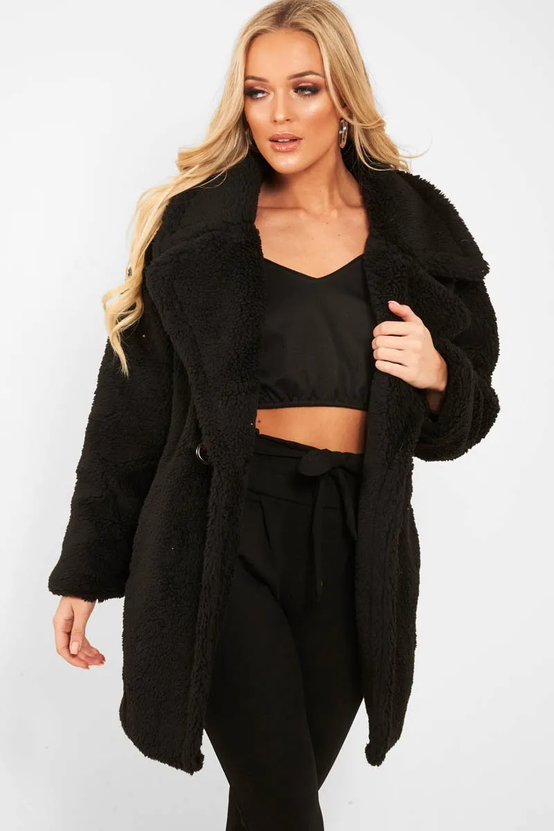 Black Faux Fur Button Front Teddy Coat - Aamna