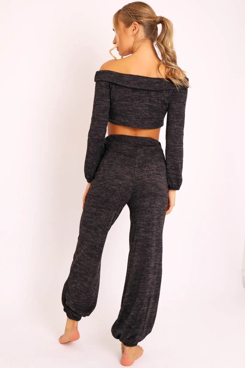 Black Knitted Bardot Top and Oversized Joggers Loungewear Co-ord - Lorel