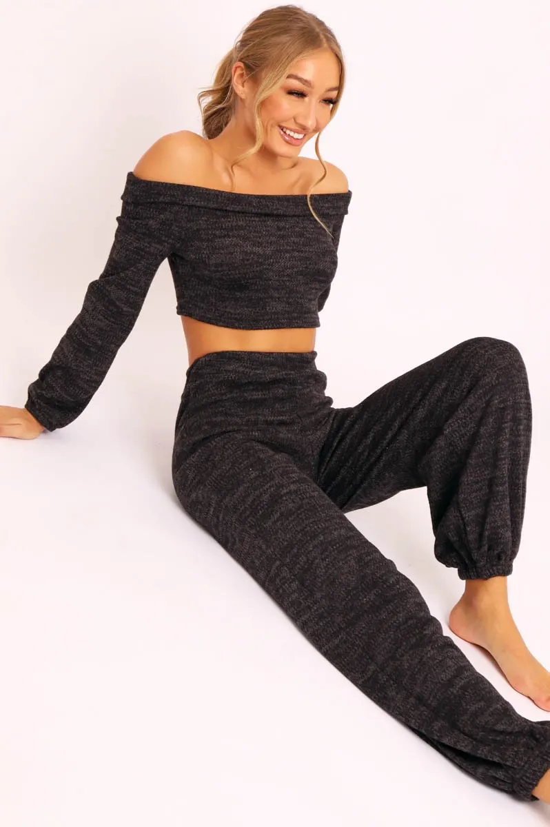 Black Knitted Bardot Top and Oversized Joggers Loungewear Co-ord - Lorel