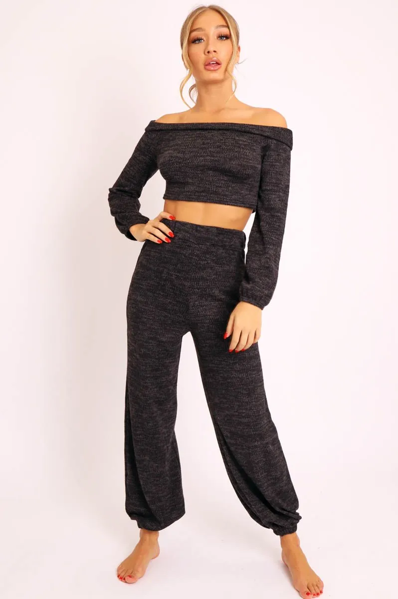 Black Knitted Bardot Top and Oversized Joggers Loungewear Co-ord - Lorel