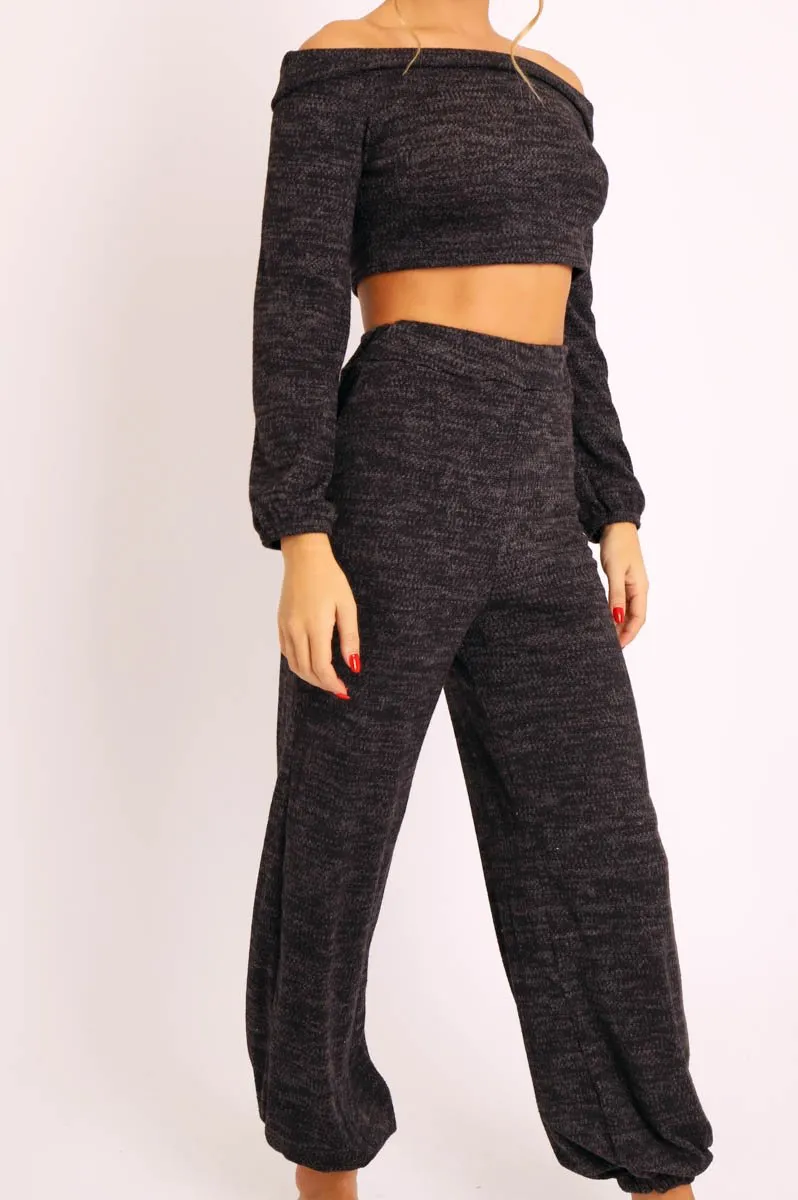 Black Knitted Bardot Top and Oversized Joggers Loungewear Co-ord - Lorel