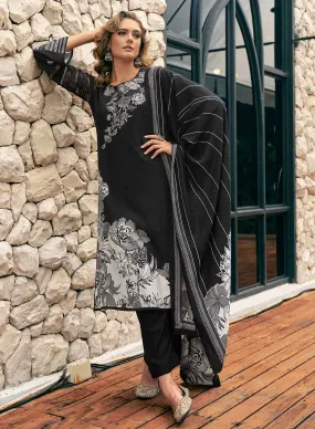 Black Pashmina Unstitched Winter Suit Dress Material with Shawl Dupatta