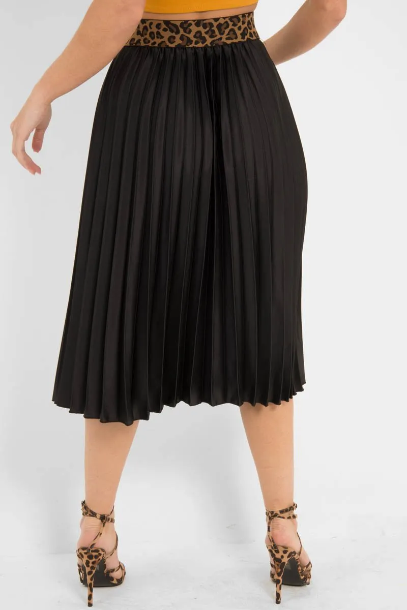 Black Pleated Midi Skirt with Leopard Waistband - Gigi