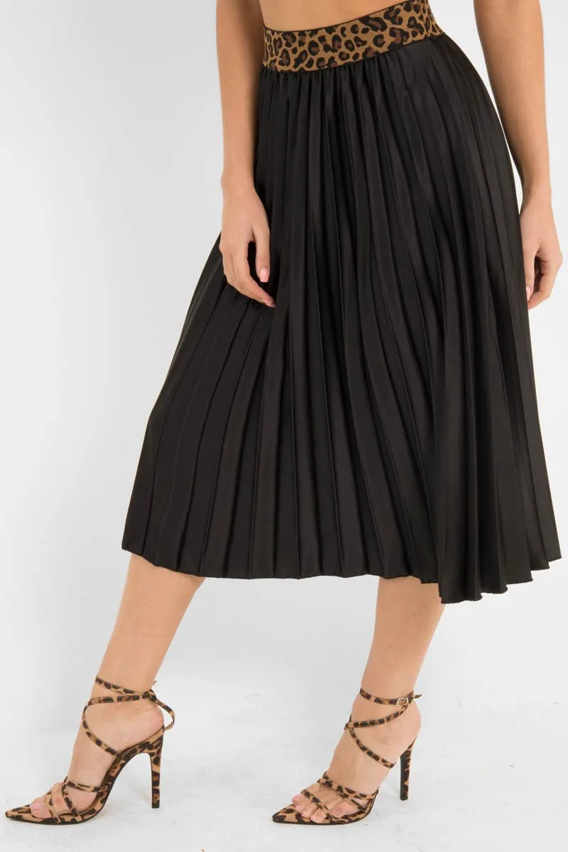 Black Pleated Midi Skirt with Leopard Waistband - Gigi