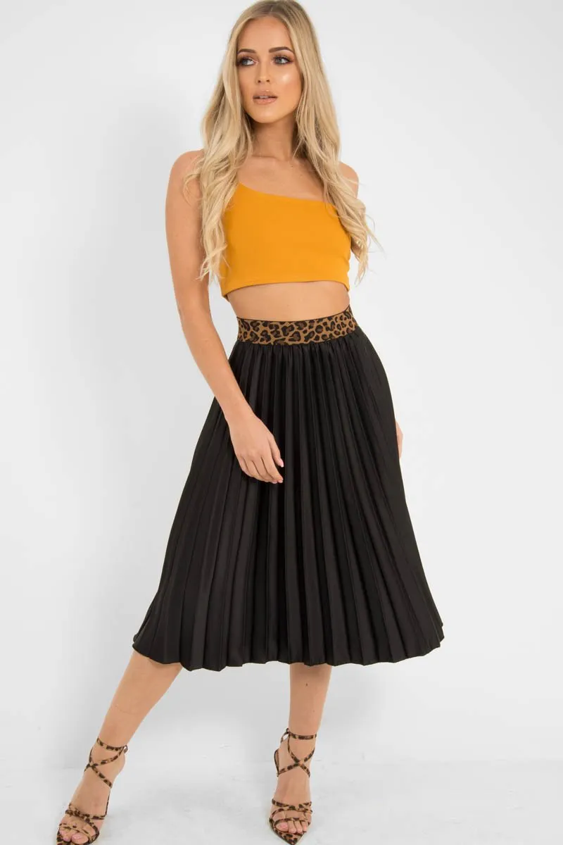 Black Pleated Midi Skirt with Leopard Waistband - Gigi