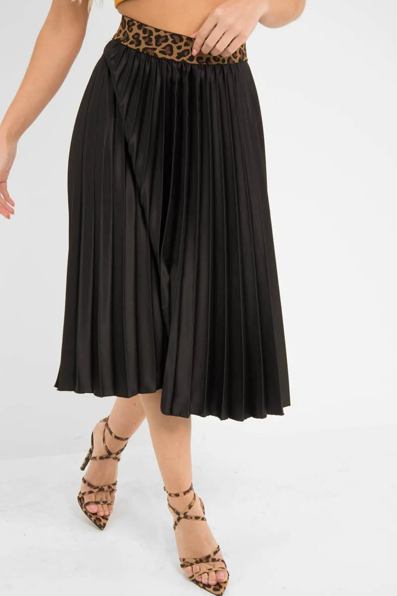 Black Pleated Midi Skirt with Leopard Waistband - Gigi