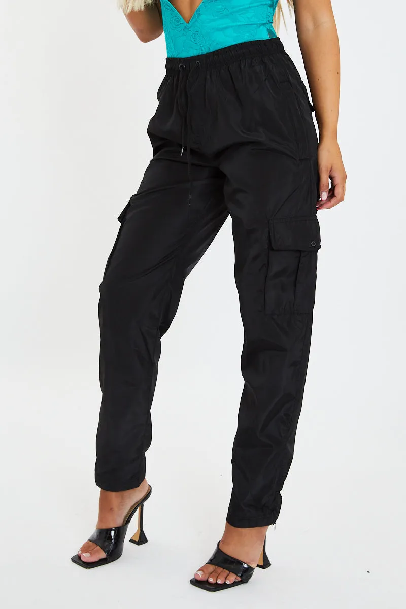 Black Slit Hem Shell Cargo Joggers - Kasey