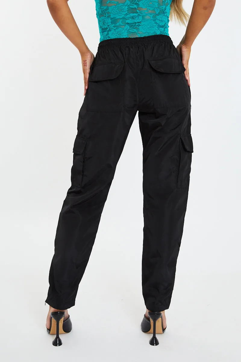 Black Slit Hem Shell Cargo Joggers - Kasey