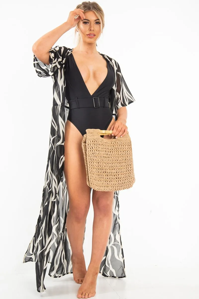 Black Zebra Print Chiffon Plunge Tie Front Maxi Dress - Tessa