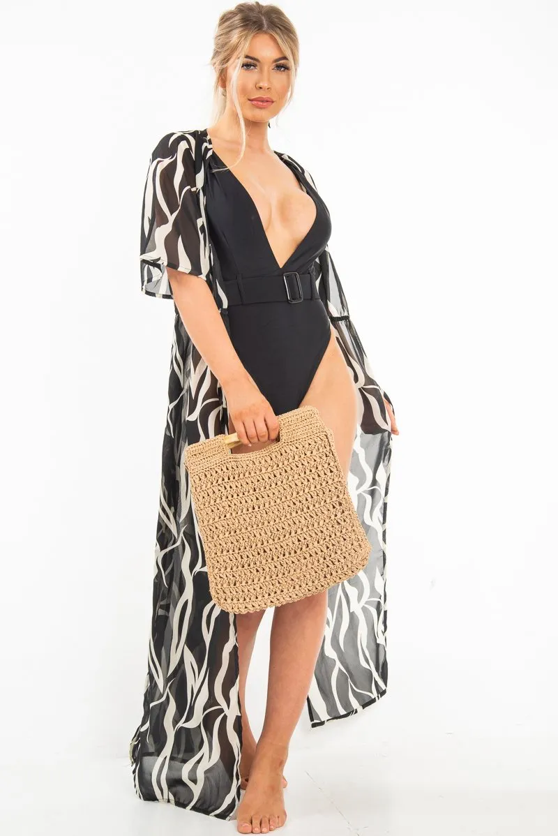 Black Zebra Print Chiffon Plunge Tie Front Maxi Dress - Tessa