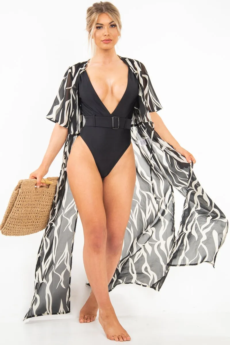 Black Zebra Print Chiffon Plunge Tie Front Maxi Dress - Tessa