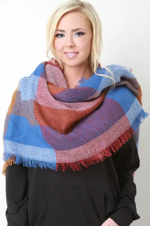 Block Pattern Fringe Hem Blanket Scarf