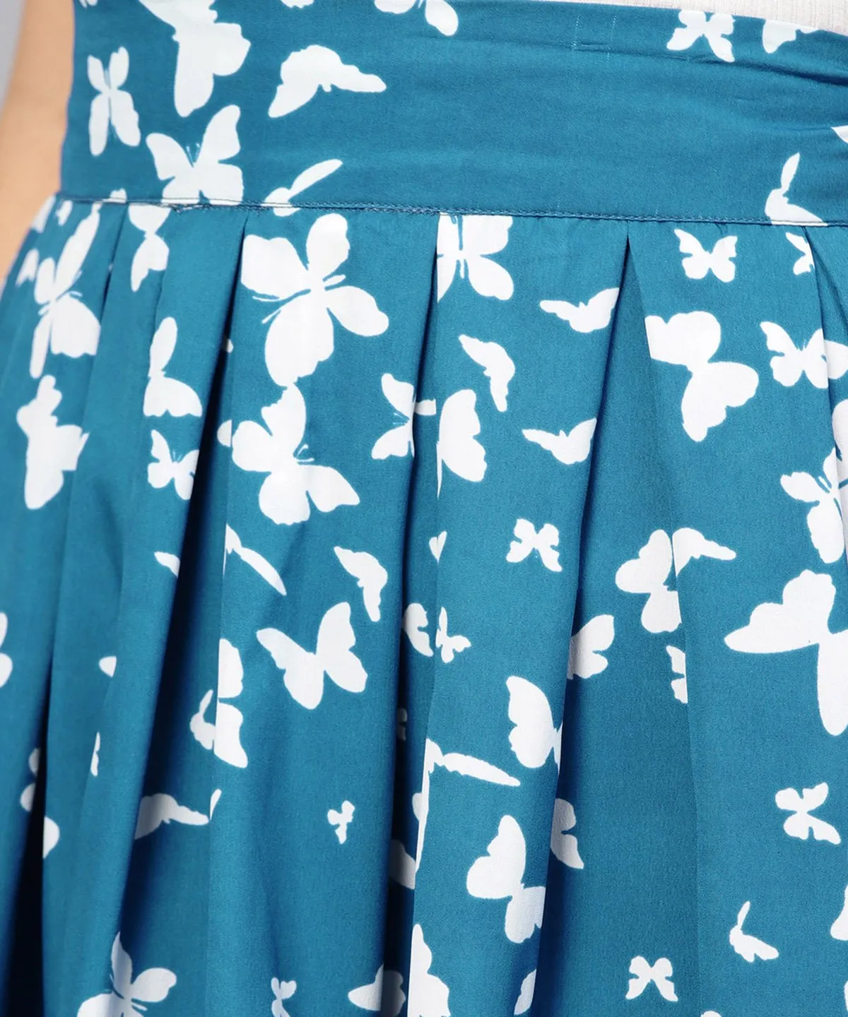 Blue Butterfly Printed Box Pleated Skirt