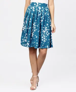 Blue Butterfly Printed Box Pleated Skirt