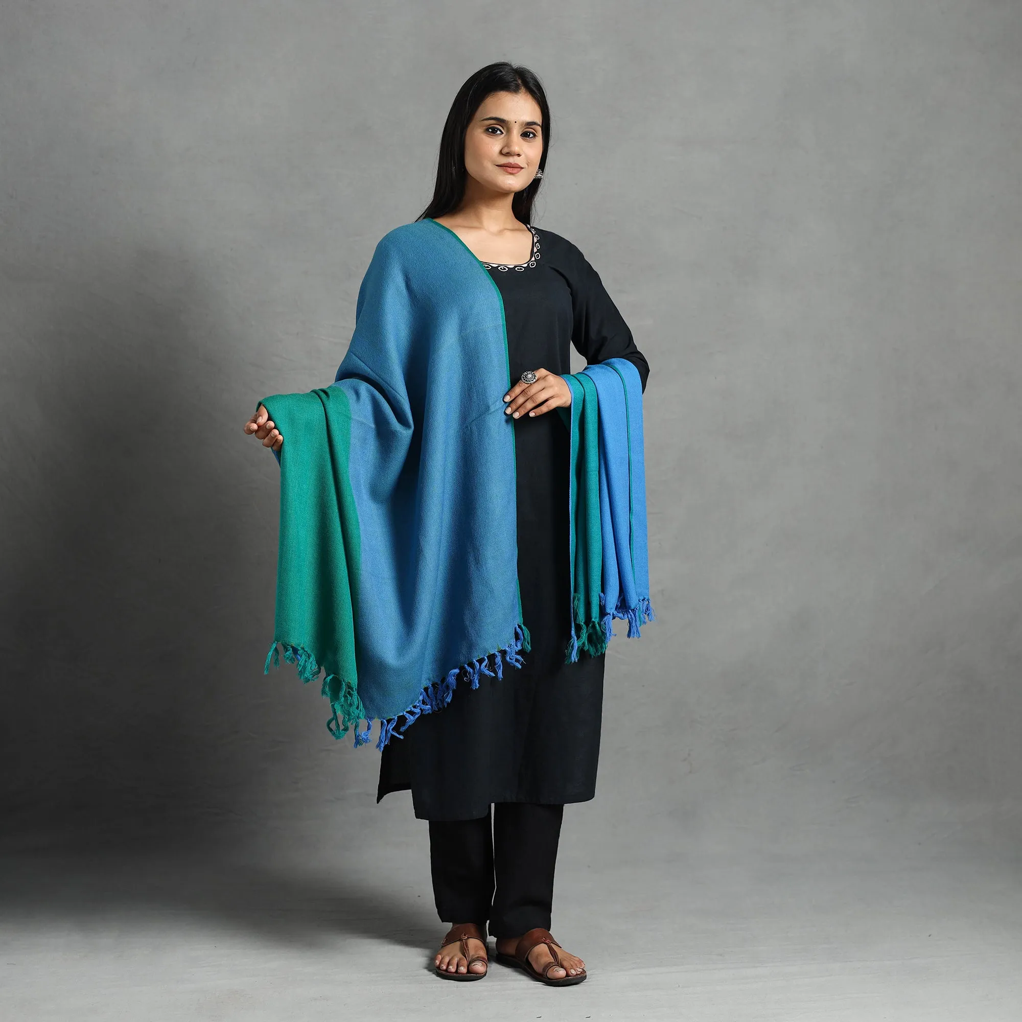 Blue - Kumaun Handwoven Pure Merino Wool Shawl for Women 17