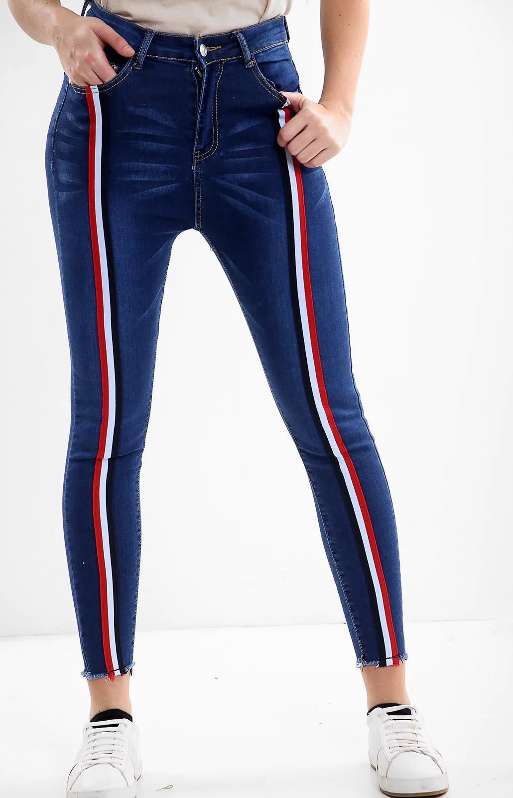 Blue Ladies High waisted stripe jeans