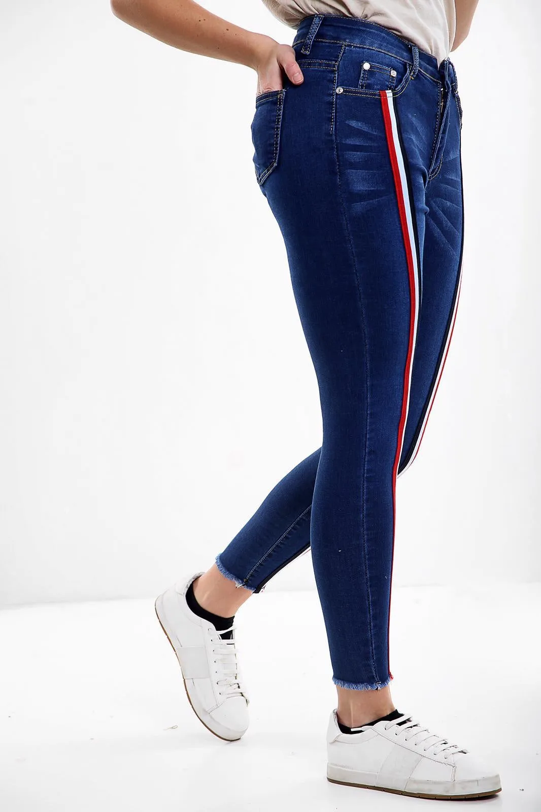 Blue Ladies High waisted stripe jeans