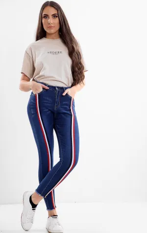 Blue Ladies High waisted stripe jeans