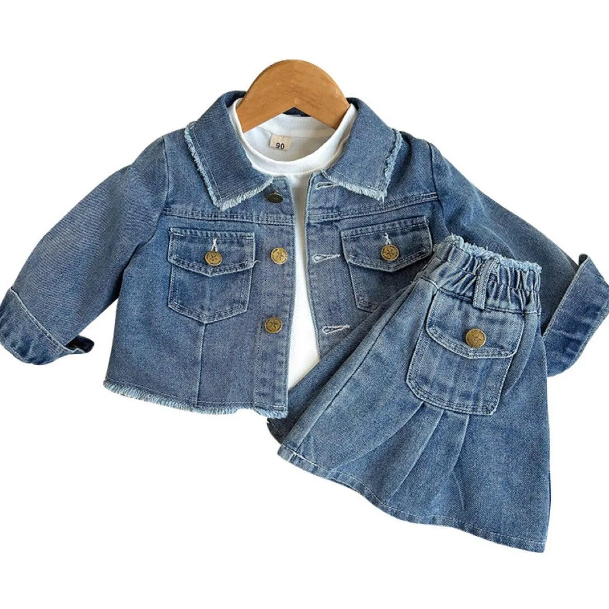 Blue Retro Lapels Long Sleeve Girls' Jean Jacket Pleated Skirt Suit