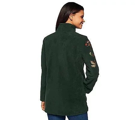 Bob Mackie Embroidered Fleece Jacket with Quilted Collar Medium, Color Spruce