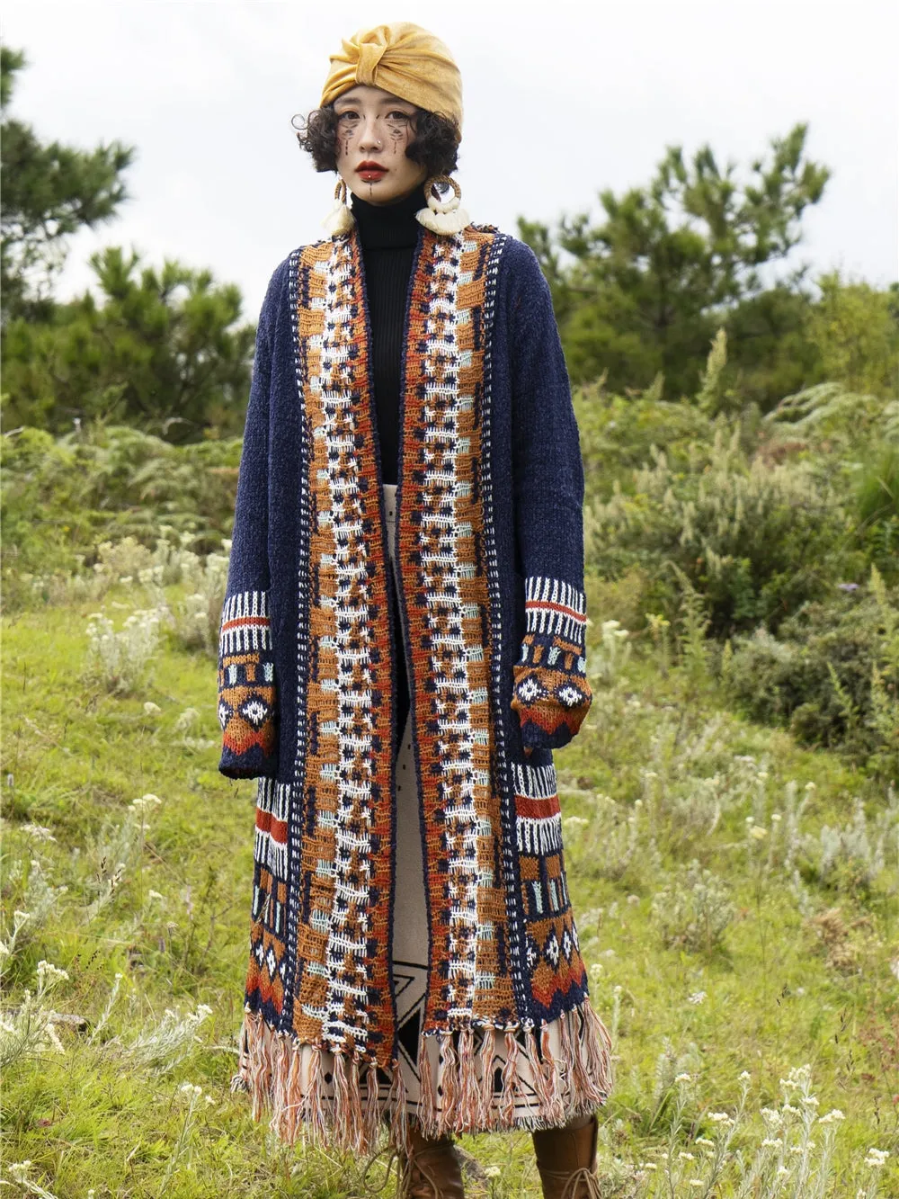 Bohemian fringed cardigan ethnic style mid-length sweater loose knitted coat