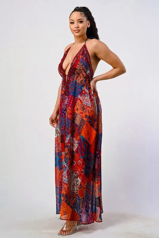 Bohemian print sequin lace trim maxi dress