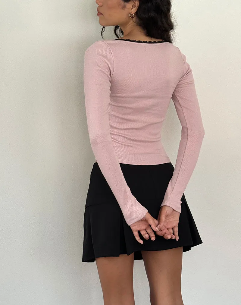 Bovita Long Sleeve Ribbed Top in Pink Lady with Black Lace