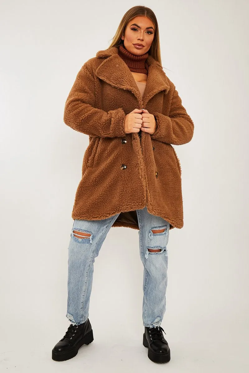 Brown Double Breasted Button Front Teddy Coat - Maizee