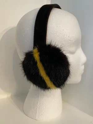 Brown with Yellow Stripe Mink Earmuffs with Velvet Band