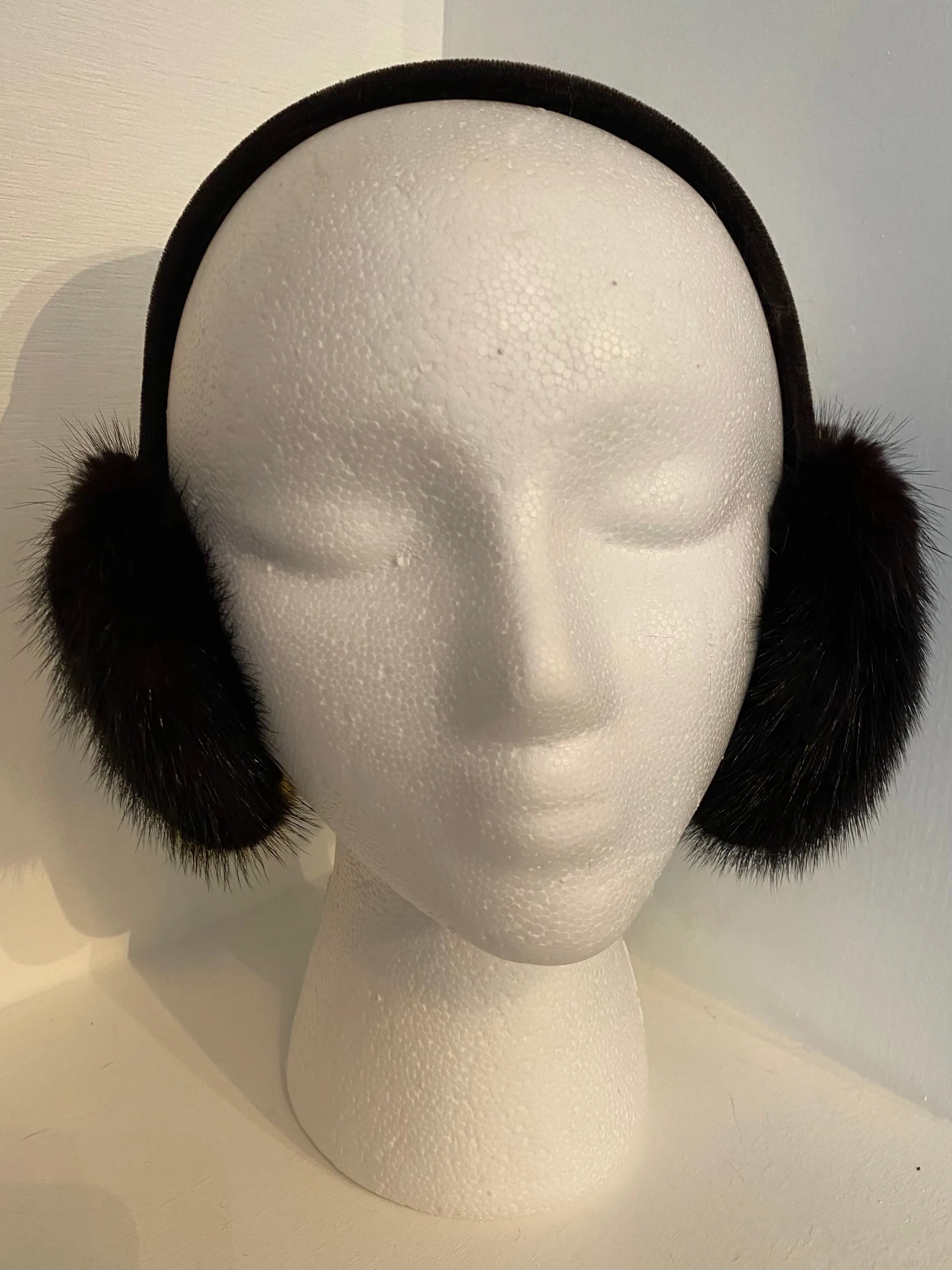 Brown with Yellow Stripe Mink Earmuffs with Velvet Band