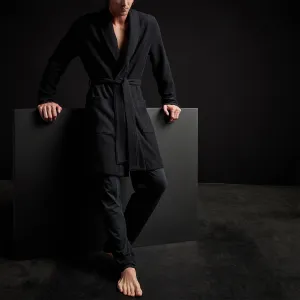 Brushed Thermal Knit Hooded Robe - Black