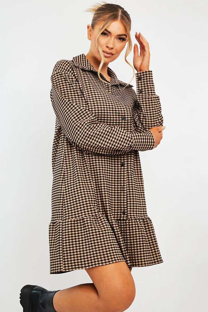 Camel Gingham Frill Hem Mini Shirt Dress - Iyla