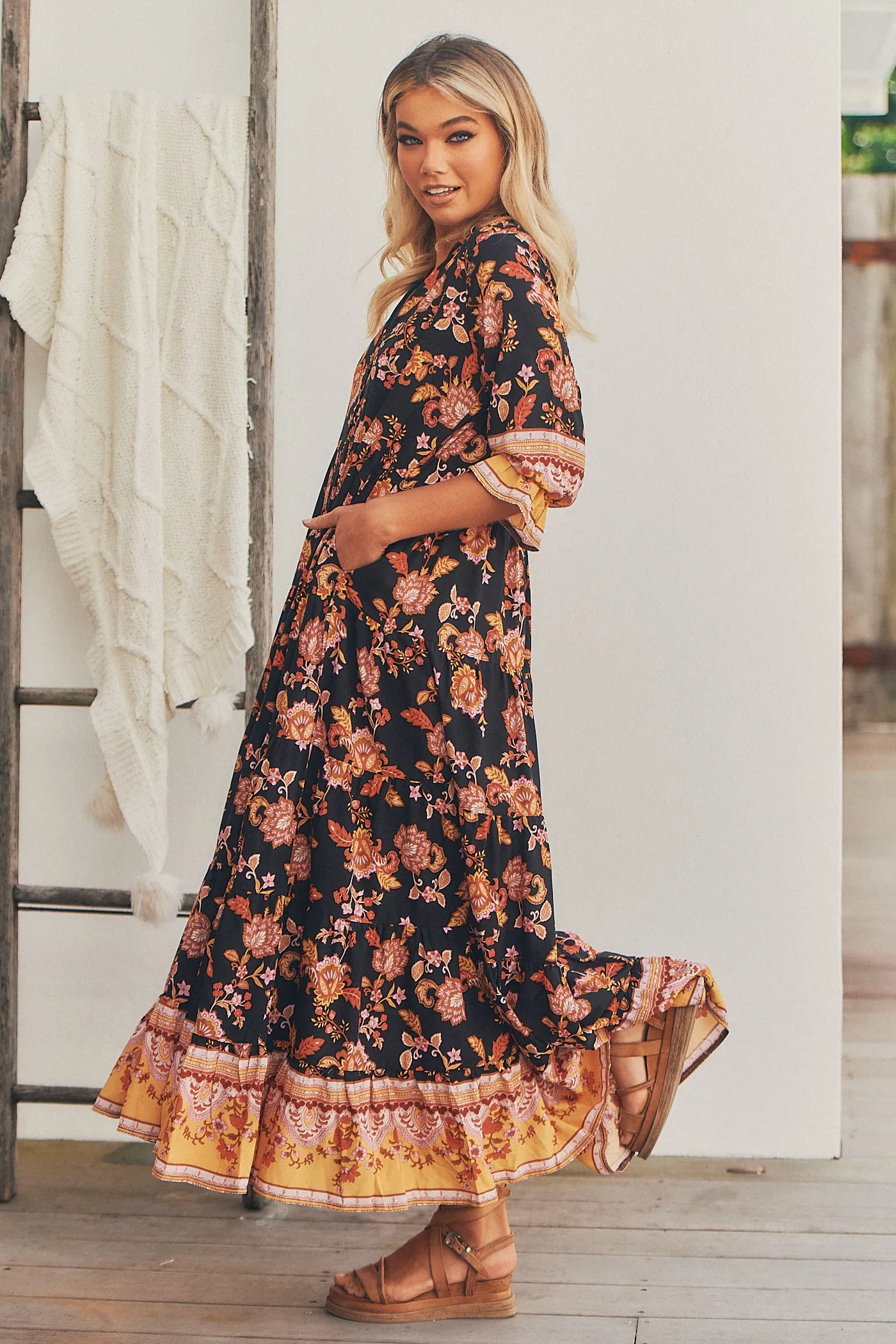 Carmella Maxi Dress - Black/Orange/Pink