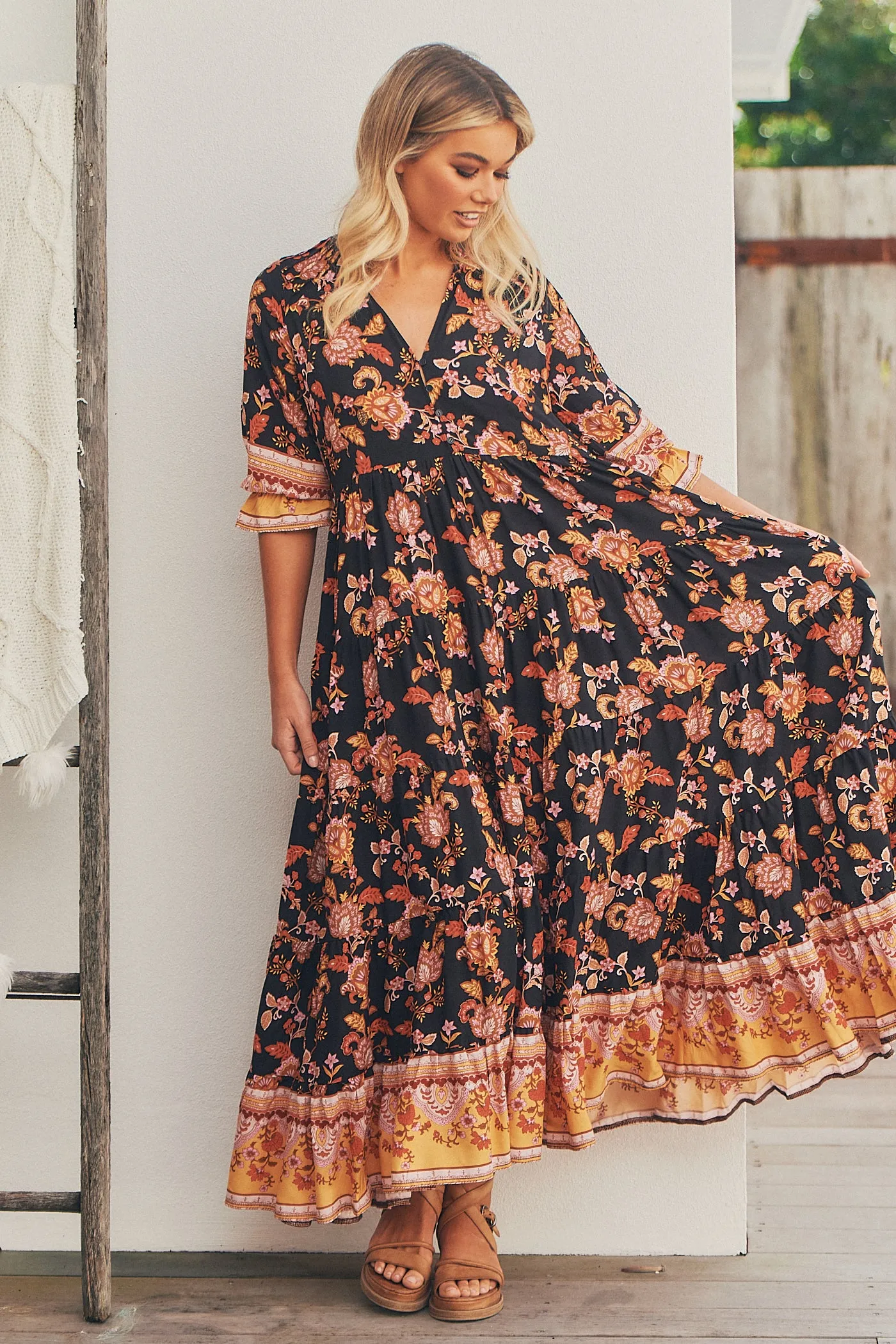 Carmella Maxi Dress - Black/Orange/Pink