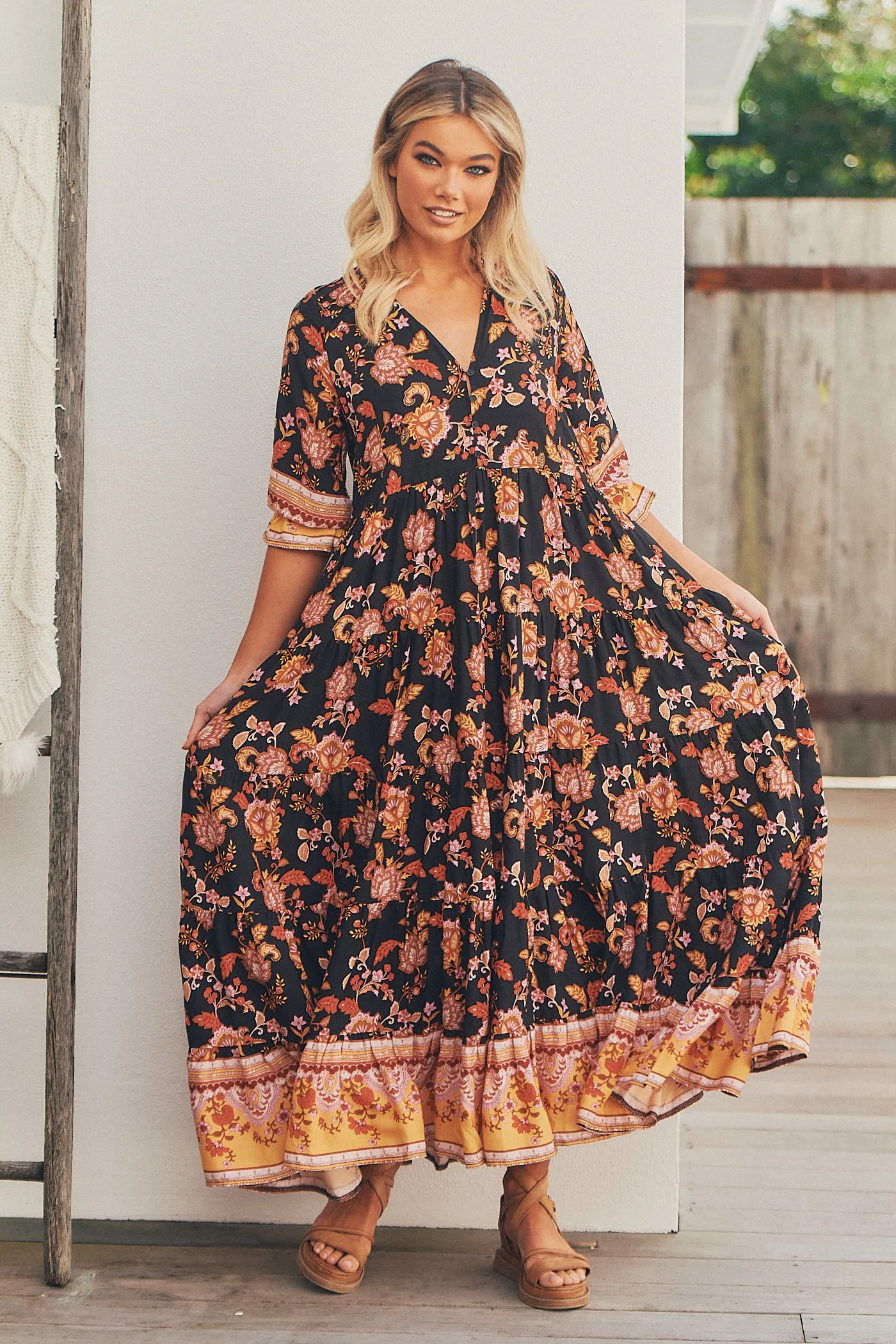 Carmella Maxi Dress - Black/Orange/Pink