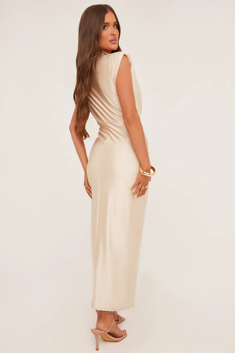 Champagne Plunge Neck Draped Maxi Dress - Brylen