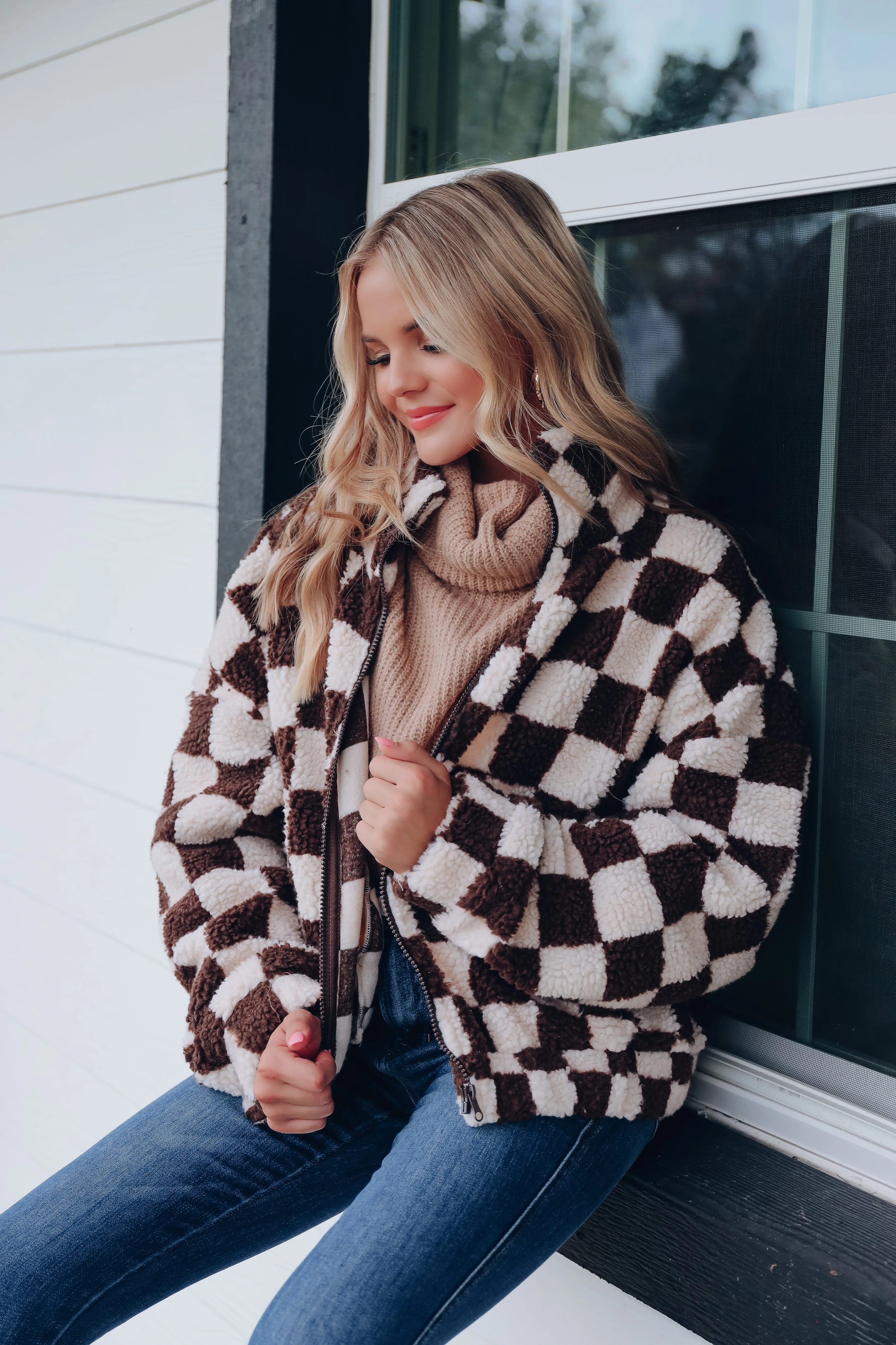 Checkered Print Sherpa Jacket - Brown/Beige