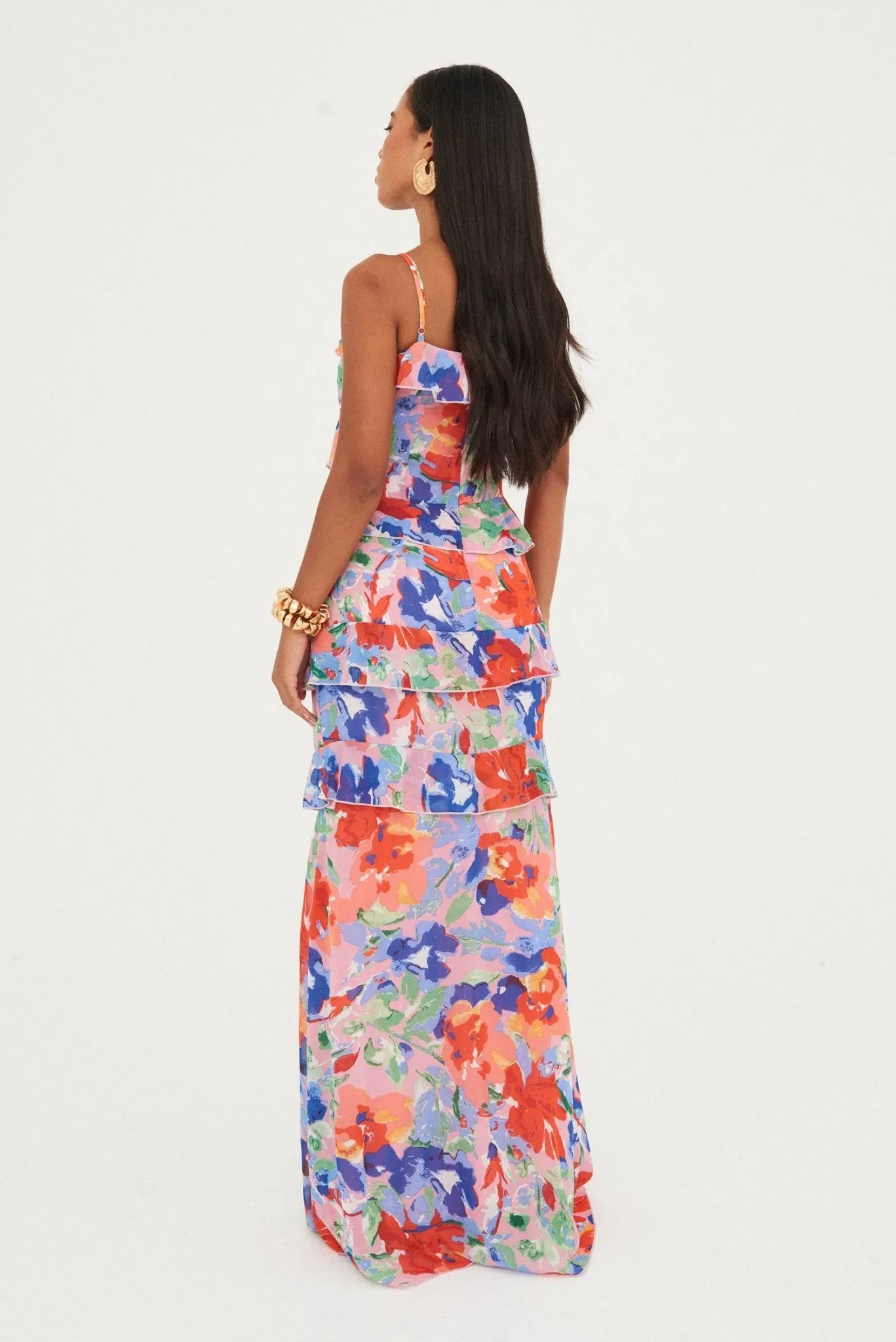 CHIFFON PRINTED RUFFLE MAXI DRESS