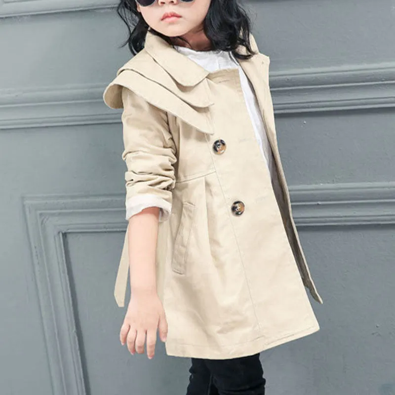 Children's Cute Spring and Autumn Lapel Long Sleeve Trench Coat