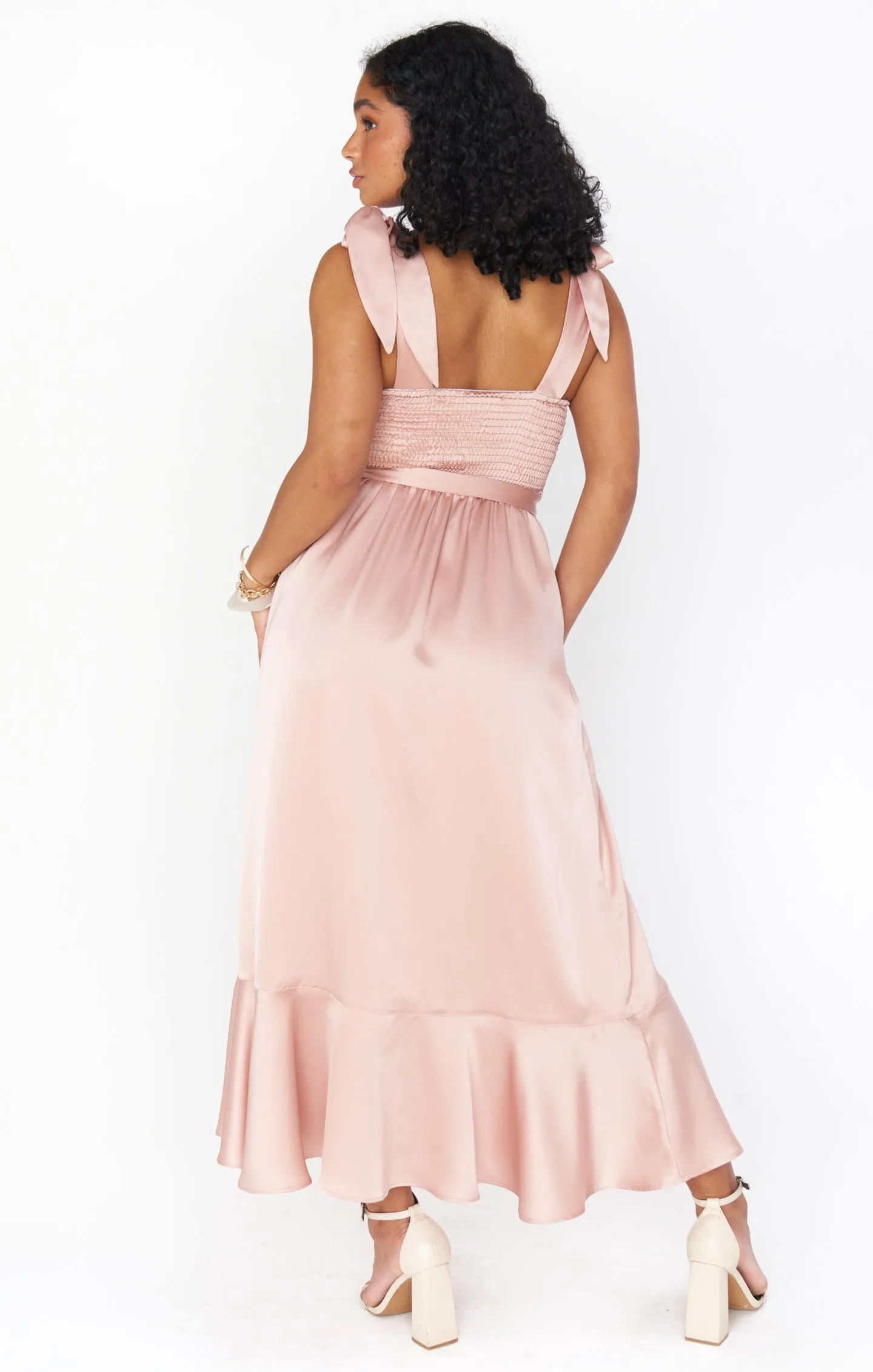 Claire Midi Dress ~ Rose Gold Luxe Satin